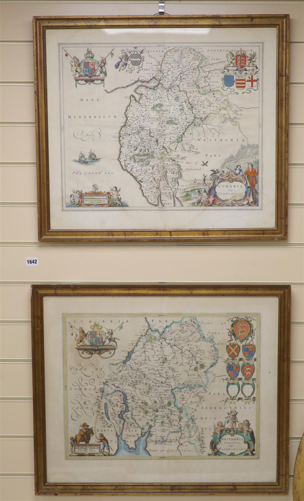 Jan Blaeu, two coloured engravings, Maps of Cumbria and Westmoria, overall 49 x 58cm